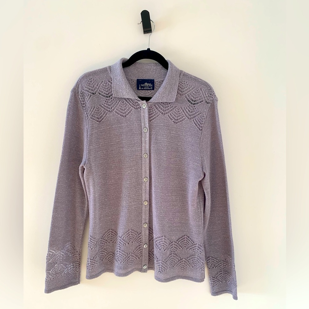 Anne Weyburn/La Redoute Shimmering Silver Knit Cardigan Button Up Sweater Size L